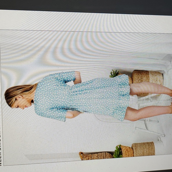 NWT - Plus Size Women's V Neck Short Sleeve Print Blue and White Smocked Dress - Picture 2 of 8